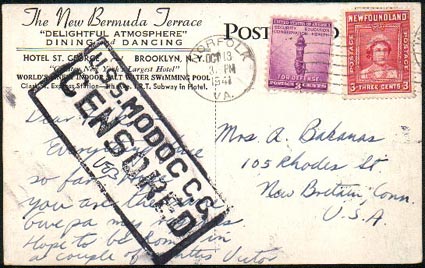 USCG Cutter Modoc (WPG 46) canc. NORFOLK, VA Oct 13th 1941. From Lt (j.g.) Victor E. Bakanas - self censored: VEB